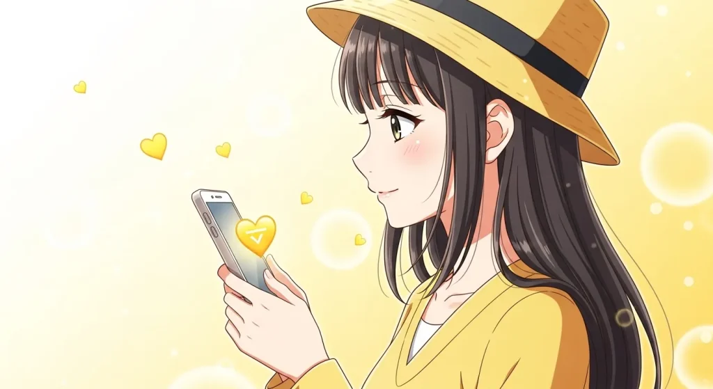 恋愛で使われる黄色ハートの意味を表すスマホメッセージのアニメイラスト