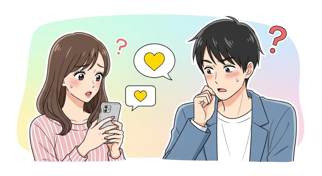 黄色ハート💛は脈あり？男女が黄色ハートの意味に悩む心理を表したイラスト
