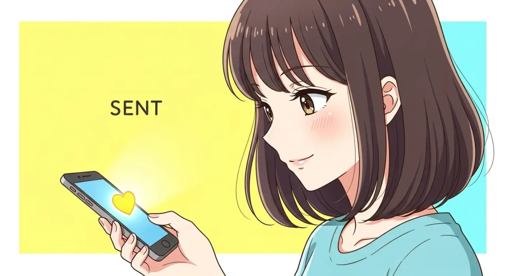 黄色ハート💛を送る女性の心理を表したスマホメッセージのアニメイラスト