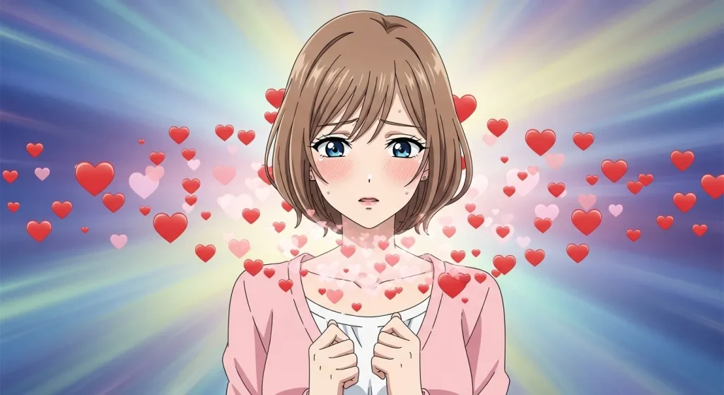 ハートに包まれながら恋愛感情に戸惑う女性の深層心理を表したイラスト