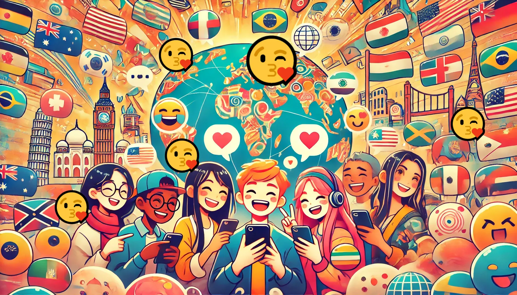 地球を中心に、世界各国の旗とともに笑顔で交流する人々を描いたイラスト。絵文字バブルの中に投げキッス絵文字が含まれ、国際的な絵文字の使い方を象徴するデザイン。