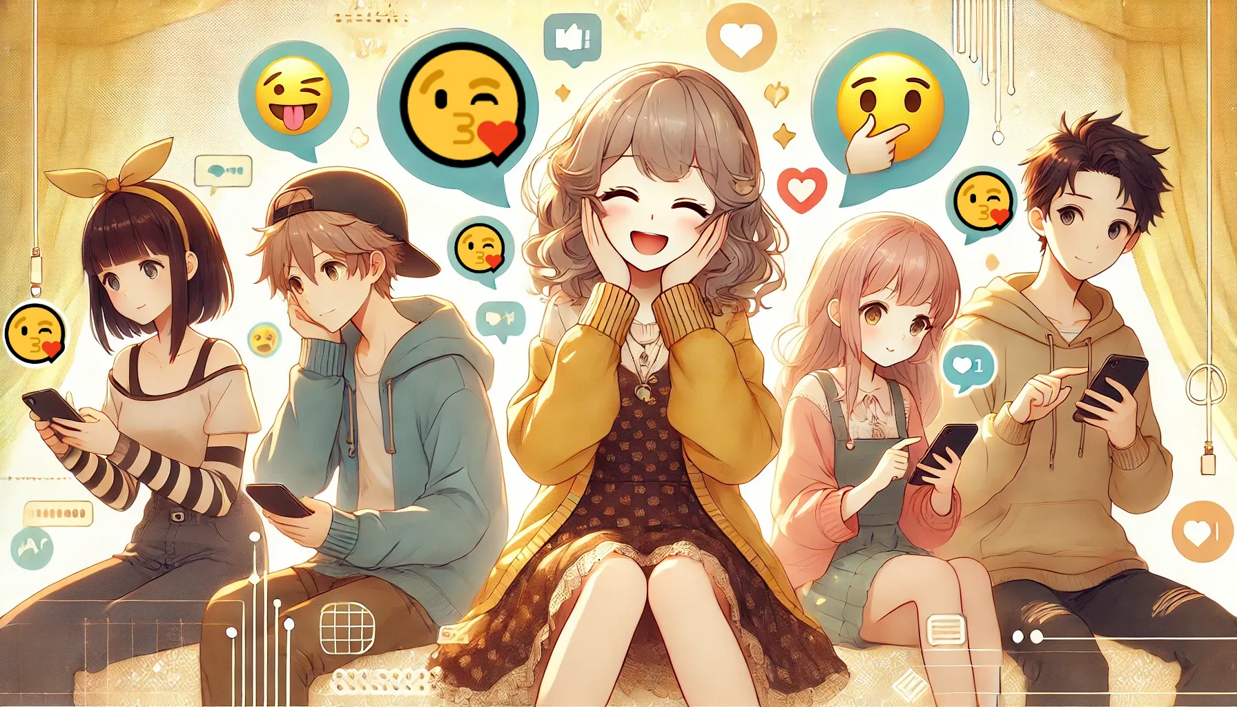 地球を中心に、世界各国の旗とともに笑顔で交流する人々を描いたアニメイラスト。絵文字バブルの中に投げキッス絵文字が含まれ、国際的な絵文字の使い方を象徴するデザイン。