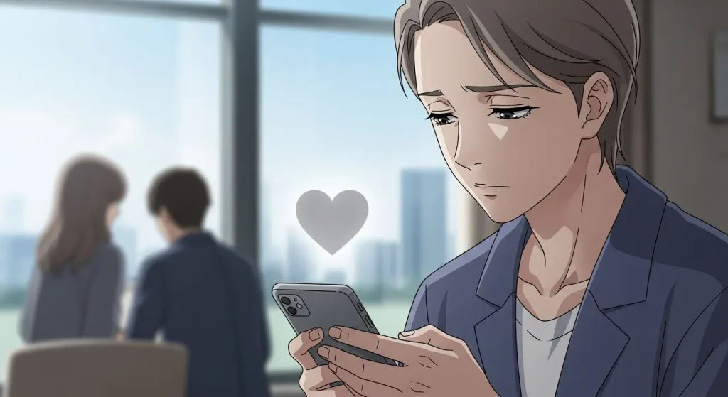 スマートフォンを見ながらグレーのハートの意味や使い方を考える男性のイラスト