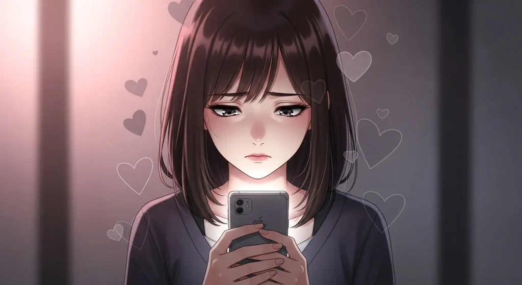 スマートフォンを見ながらグレーのハートの意味や恋愛の脈あり・脈なしを考える女性のイラスト