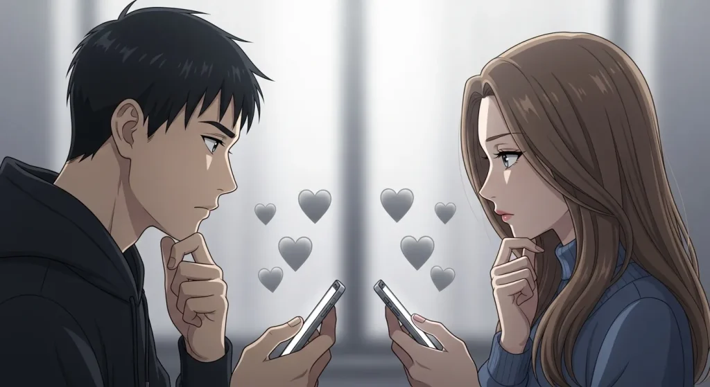 スマートフォンを見ながらグレーのハートの意味を考える男女のイラスト