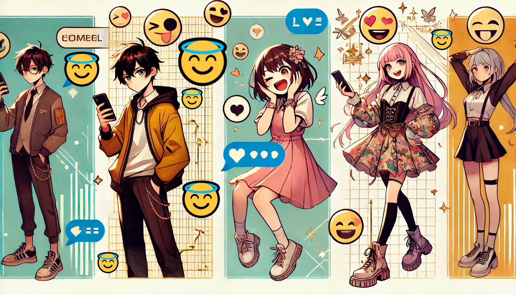 「天使の輪がついた笑顔絵文字😇」の使い方をSNS別に比較したアニメ風イラスト。左から皮肉っぽく使う少年（Twitter）、かわいく謝罪する少女（LINE）、ポジティブに演出するインフルエンサー風キャラクター（Instagram）が描かれている。背景にはチャット吹き出しや絵文字が浮かび、それぞれの使い方を表現。