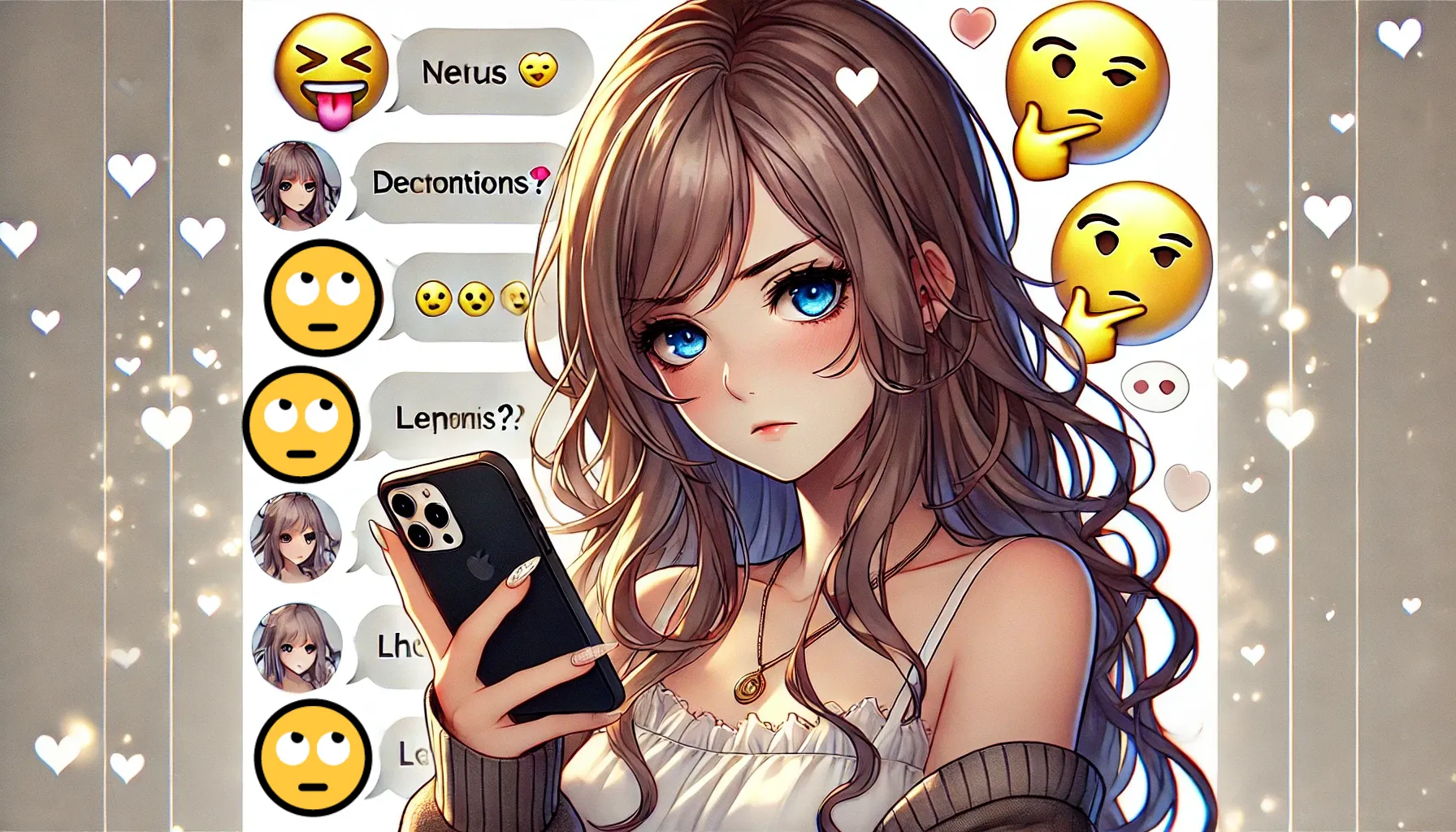 スマホを持つ女性が、真剣な表情で画面を見つめるアニメイラスト。背景には複数の上を見る顔絵文字や疑問を示す吹き出しが描かれている。