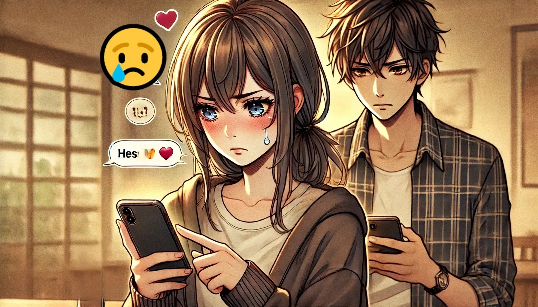 スマホを持つ若い男女のアニメキャラクター。女性は涙を浮かべながらスマホを見ているが、男性は無関心そうに返信している。女性の表情には悲しさが滲み、感情のすれ違いを表現。