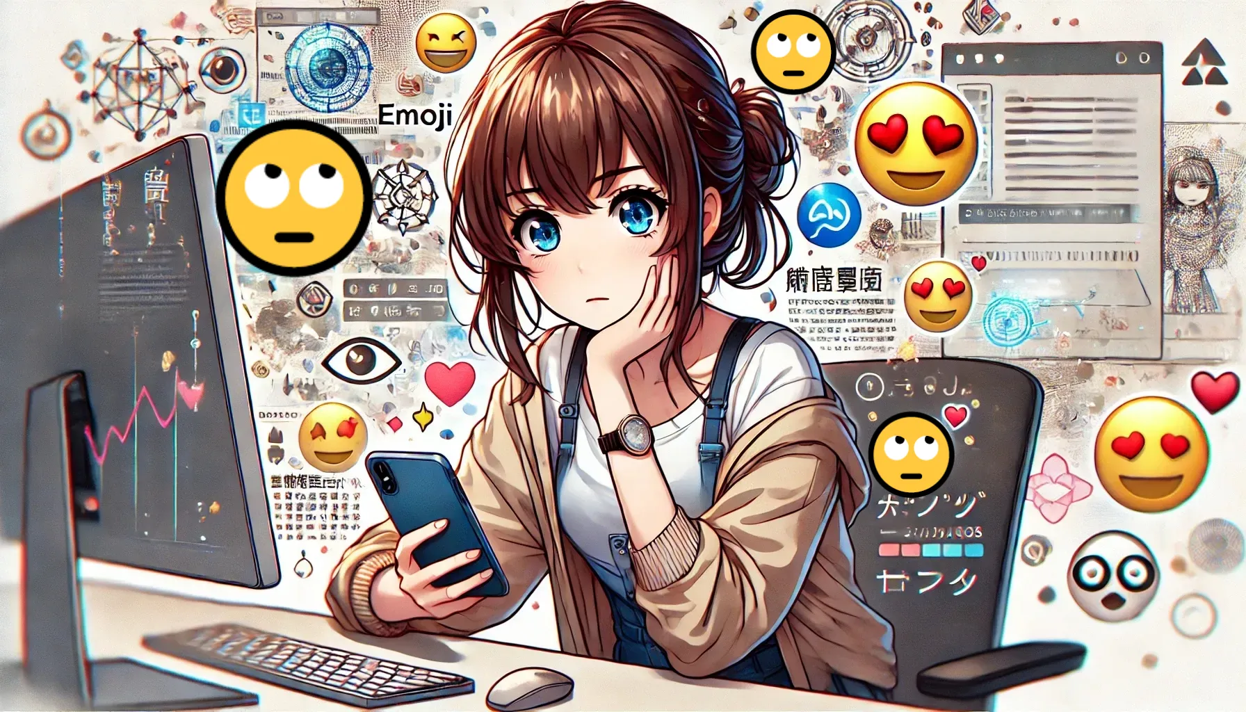 デスクに座り、スマホを見ながら困惑した表情を浮かべる女性のイラスト。背景には「🙄」「😍」などの絵文字や、デジタル画面風のデザインが散りばめられた未来的で情報量の多い雰囲気。モニターやキーボードが配置され、現代的なワークシーンを想起させる構図。