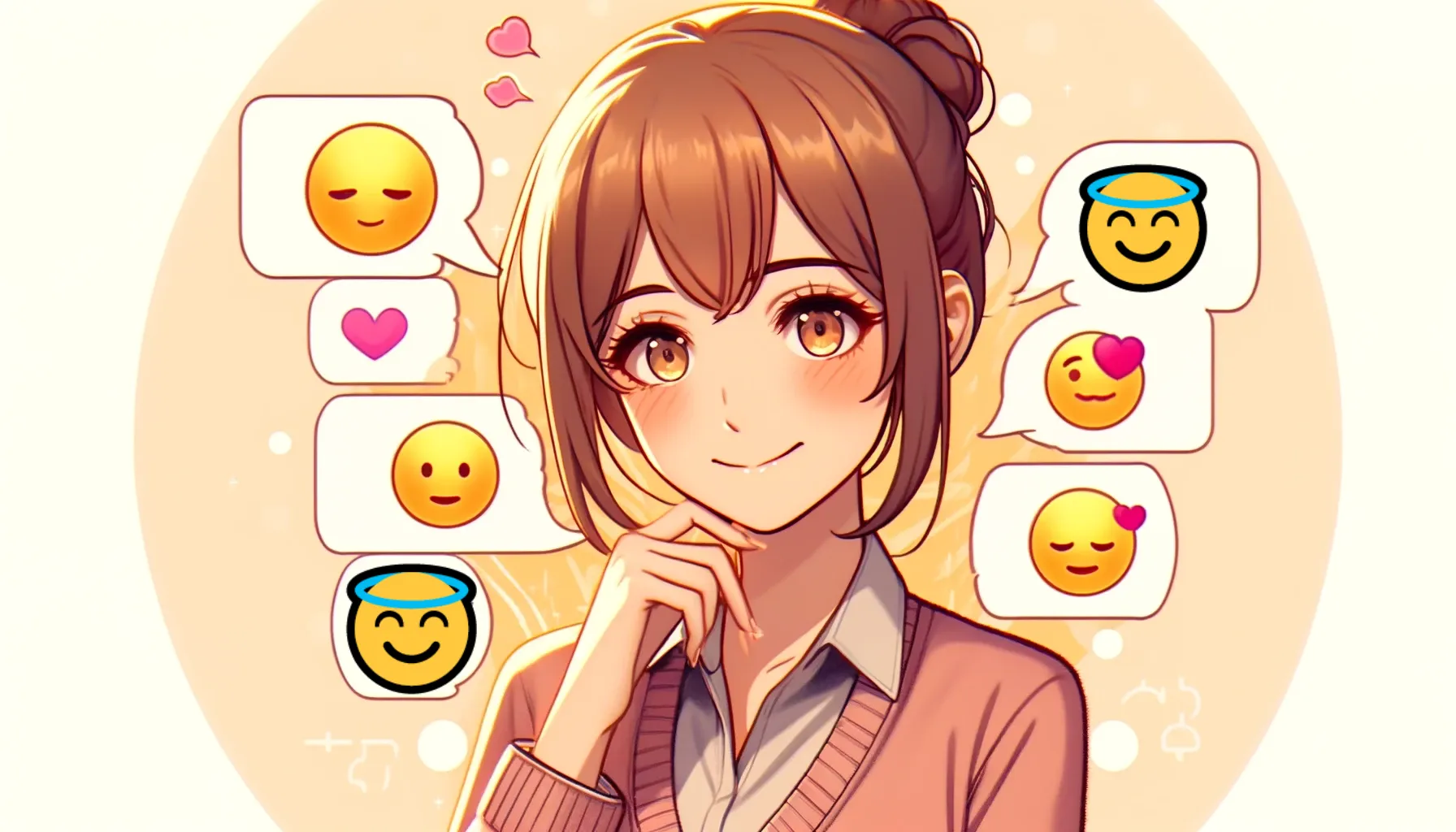 上品な雰囲気の女性が微笑みながら考え込む様子。背景にはさまざまな絵文字が入ったチャットバブルが浮かび、😇やハートのアイコンが強調されている。