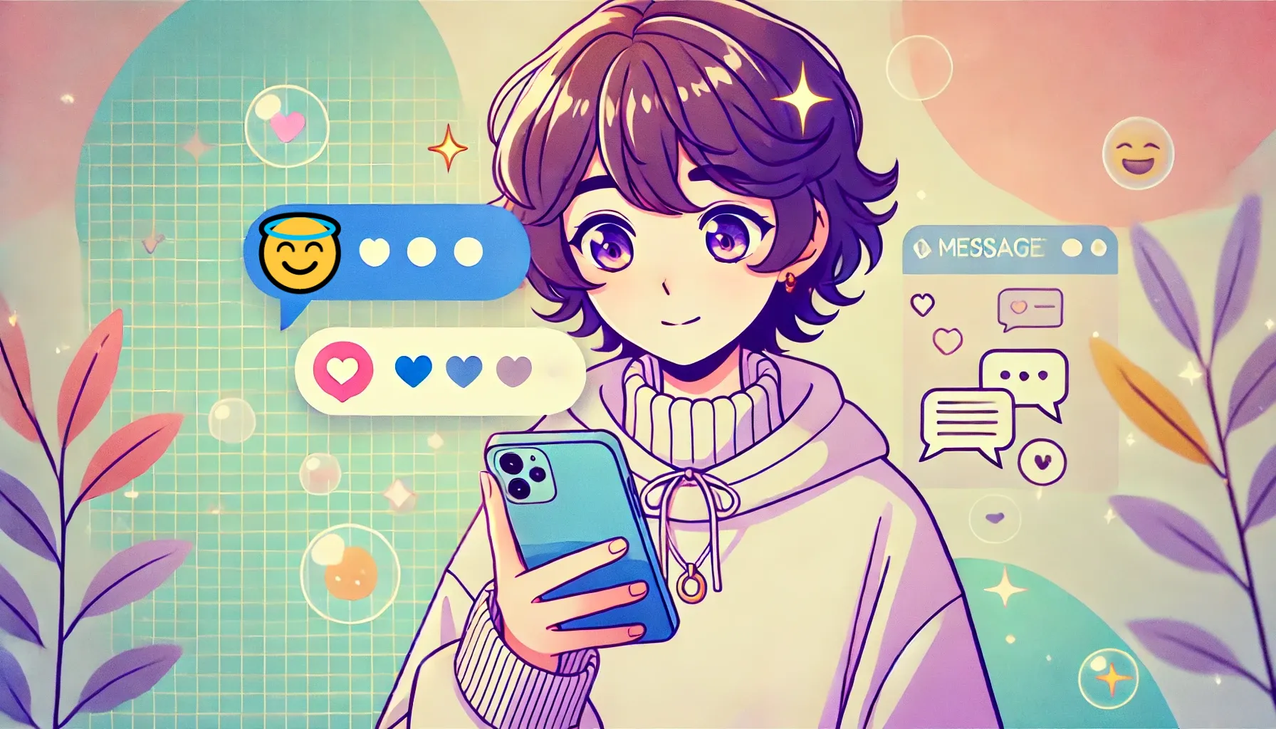 パーカーを着た女性がスマホを持ち、考え込むような表情をしている。背景にはSNSのチャット画面や絵文字（😇、💙、💜）が描かれ、LINEやメッセージアプリの雰囲気を演出。