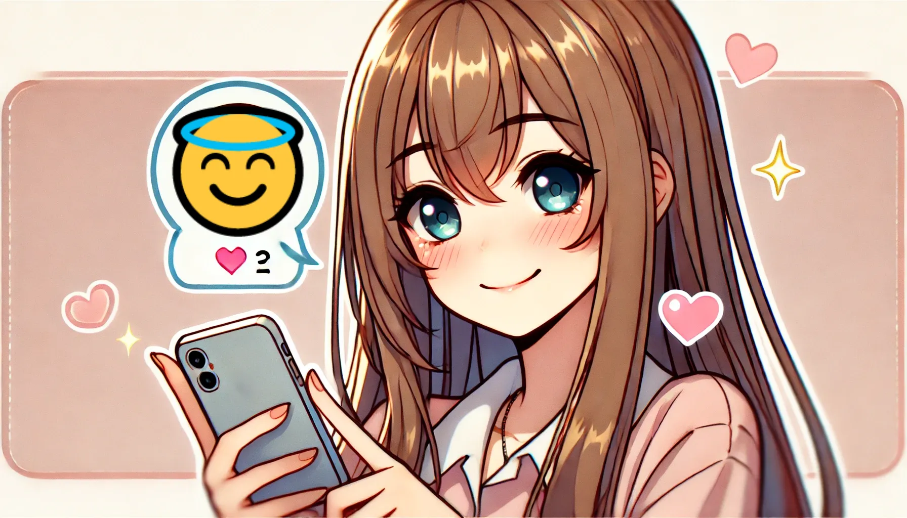 スマホを持ち微笑むロングヘアの女性。背景には天使の輪がついた絵文字（😇）とハートのアイコンが表示され、軽やかで温かみのある雰囲気。