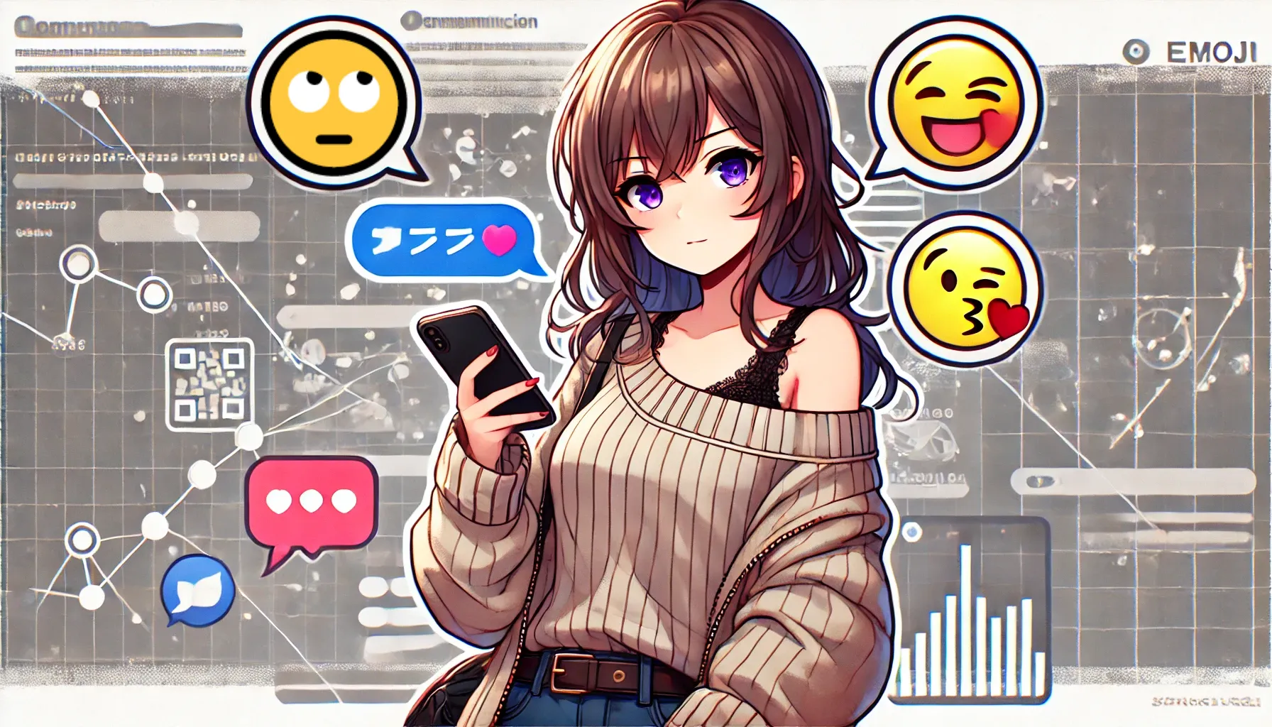 スマホを持ちながら上を見る顔の絵文字をイメージした表情をしている女性。背景にはSNSやメッセージのアイコンが配置されているイラスト。