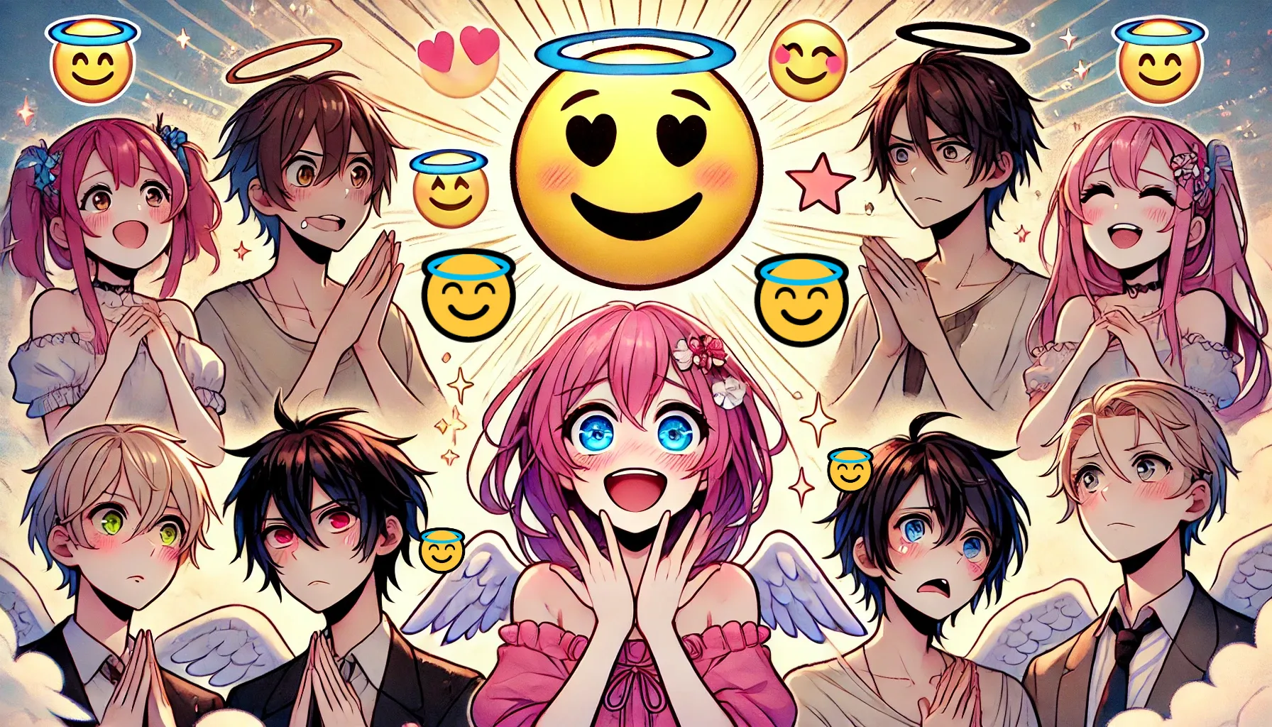  「天使の輪がついた笑顔絵文字😇」の意味を解説するアニメ風イラスト。中央に大きな😇絵文字があり、それを囲むようにさまざまな表情のキャラクターがリアクションしている。天使のように見上げるキャラ、戸惑うキャラ、喜ぶキャラなど、異なる解釈を視覚的に表現。