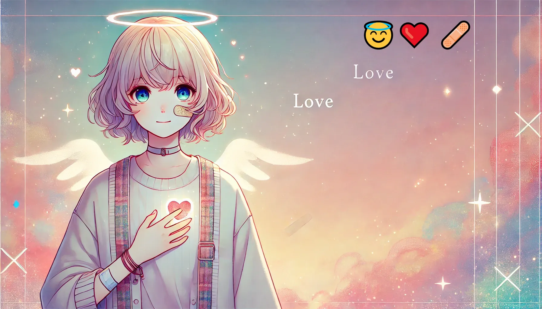 「😇❤🩹」の意味とは？天使のような微笑みを浮かべた女の子が、ハートと絆創膏のシンボルを胸に抱えている。背景は優しいパステルカラーで、癒しと愛の象徴を表現。