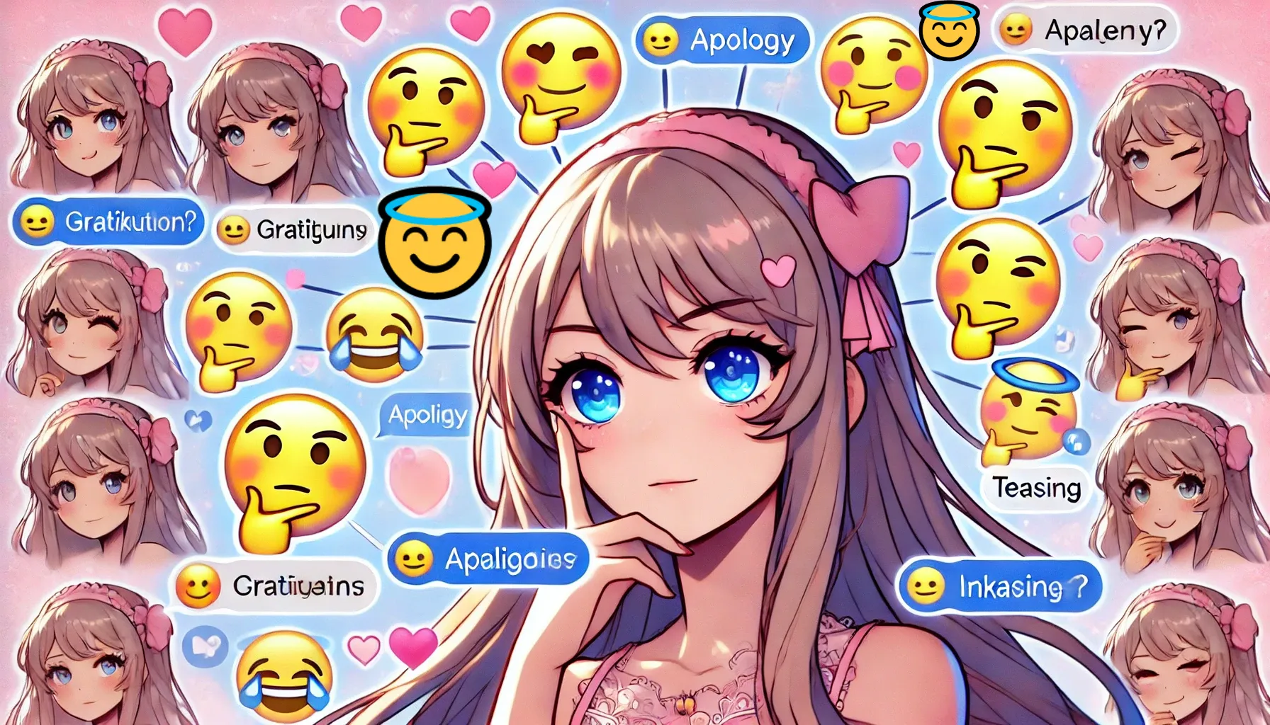 ロングヘアの女性がスマホを見ながら考え込む表情。周囲には考える顔の絵文字（🤔）や天使の輪のついた絵文字（😇）、チャットの吹き出しが散りばめられている。