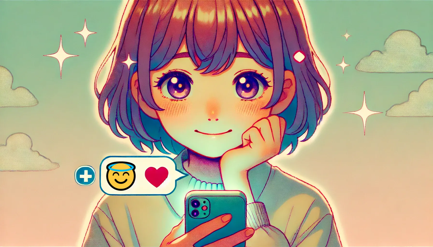 スマホを見ながら微笑む短髪の女性。背景には光のきらめきと雲があり、チャットバブルには天使の輪がついた笑顔の絵文字（😇）とハートのアイコンが表示されている。