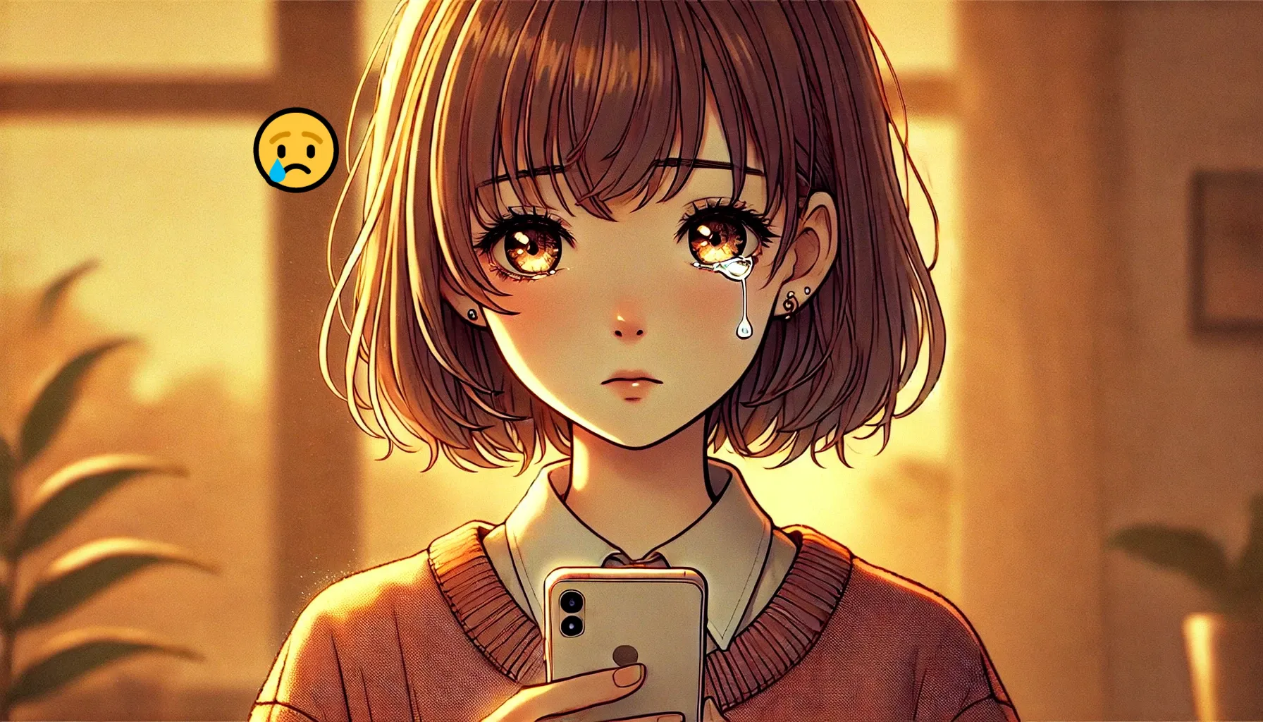 スマホを持ちながら涙を浮かべるショートカットの女性キャラクター。温かみのある室内の背景で、少し寂しげな表情をしている。左側には泣き顔の絵文字が浮かんでいる。