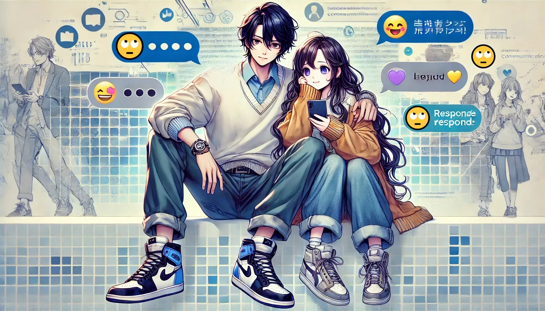 男性と女性が並んで座り、女性がスマホを見ながら微笑むイラスト。背景には会話の吹き出しや上を見る顔絵文字が配置されている。