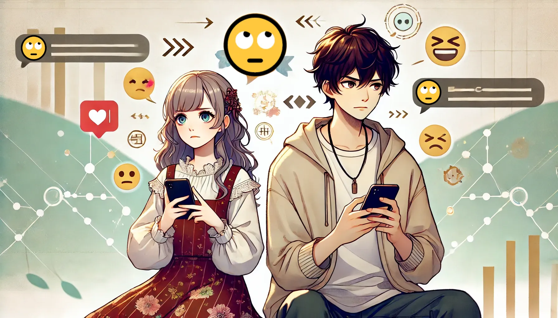 上を見る顔絵文字の使い方について考える若い男女がスマホを見ているイラスト。背景には表情を表す絵文字や会話の吹き出しが配置されており、デジタルなコミュニケーションを表現している。