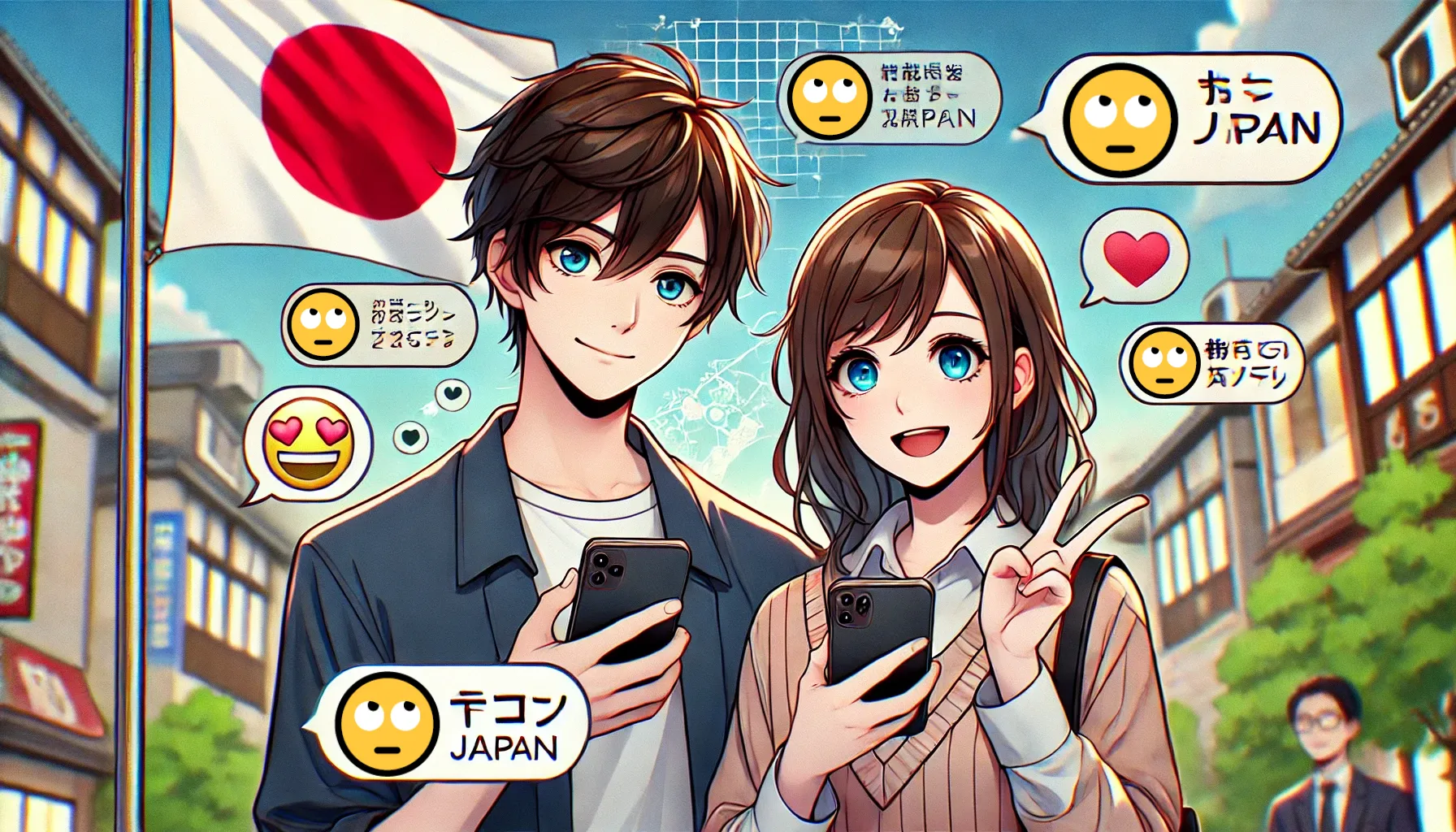 日本の街並みを背景に、上を見る顔絵文字について話す若い男女がスマホを持って微笑むイラスト。背景には日本国旗や絵文字、吹き出しが描かれ、日本のデジタルコミュニケーション文化を表現している。