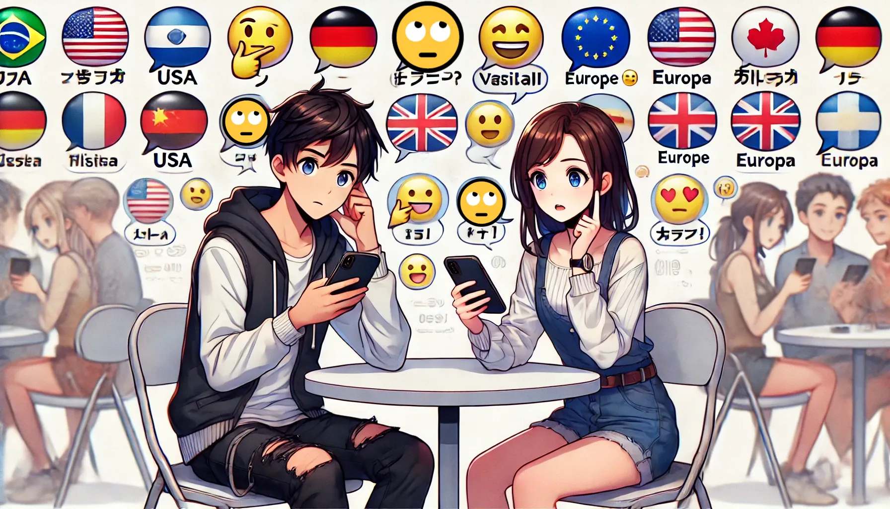 上を見る顔絵文字の国別の意味を調べる男女がスマホを使って会話しているイラスト。背景には各国の国旗や絵文字が描かれており、日本、アメリカ、韓国など海外の違いを示している。