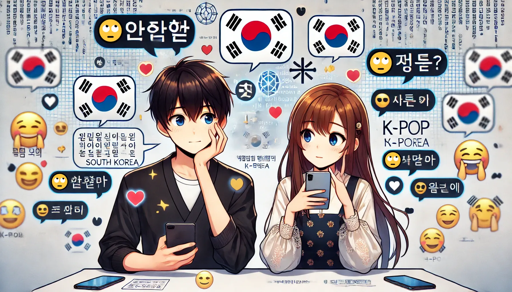 韓国の上を見る顔絵文字の意味やSNSの使い方について話し合う男女がスマホを持つイラスト。背景には韓国国旗、韓国語の吹き出し、絵文字が多数描かれ、韓国のデジタルコミュニケーションを示している。