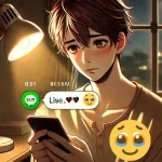 夜の部屋で、スマホを見つめる若い男性。画面にはハートと『うるうる顔』の絵文字が表示され、彼は少し赤らんだ表情で悩ましげに見つめている