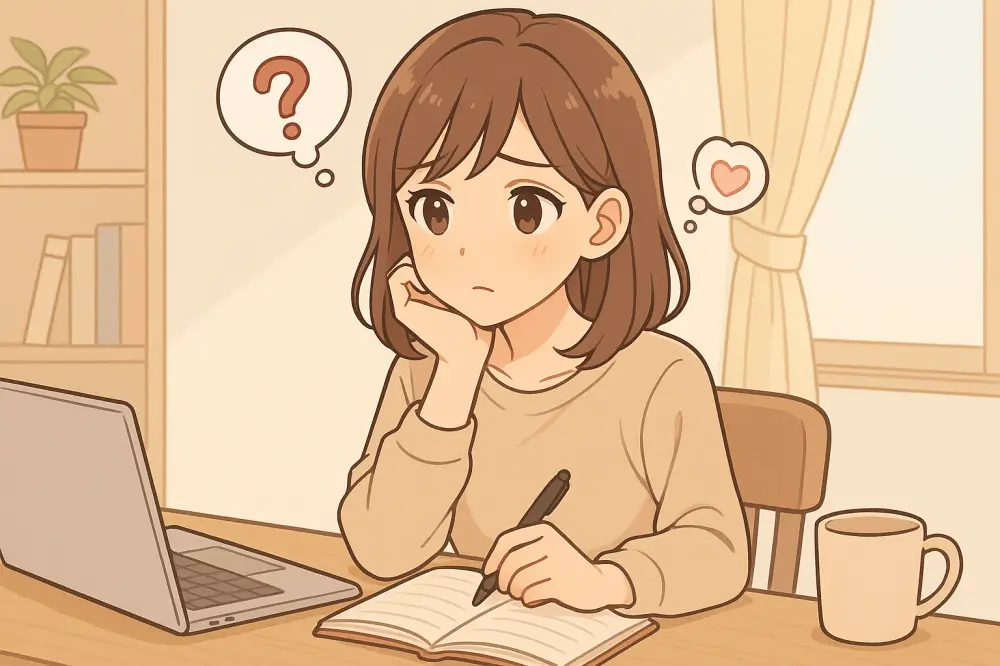 自宅のデスクで自己分析をしながら悩む女性のイラスト。ノートPCとノートが置かれた机で、考えごとをしている様子