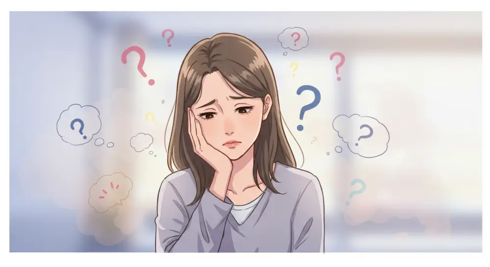 困惑した表情で考え込むロングヘアの女性のイラスト。頭の周りに疑問符や考え事の吹き出しが浮かび、悩みや不安を表現している。