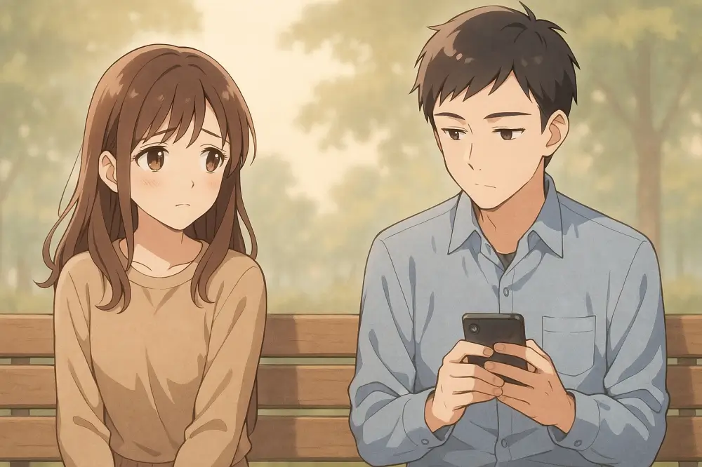 公園のベンチで、そっけない男性を見つめる女性のイラスト。女性は切なそうな表情で、男性はスマホを見ている