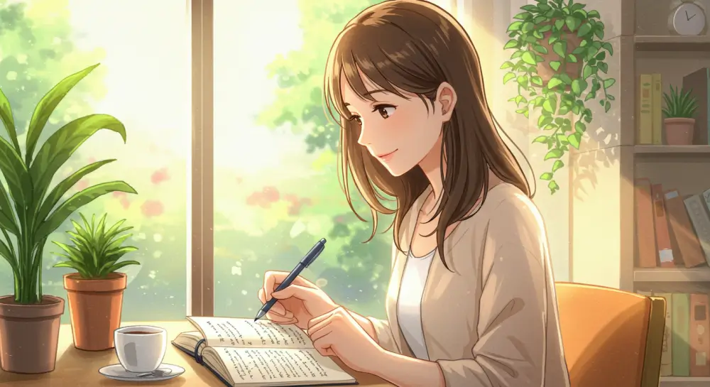 明るい室内でノートにペンを走らせながら微笑むロングヘアの女性のイラスト。思考整理をして気持ちが前向きになっている様子。