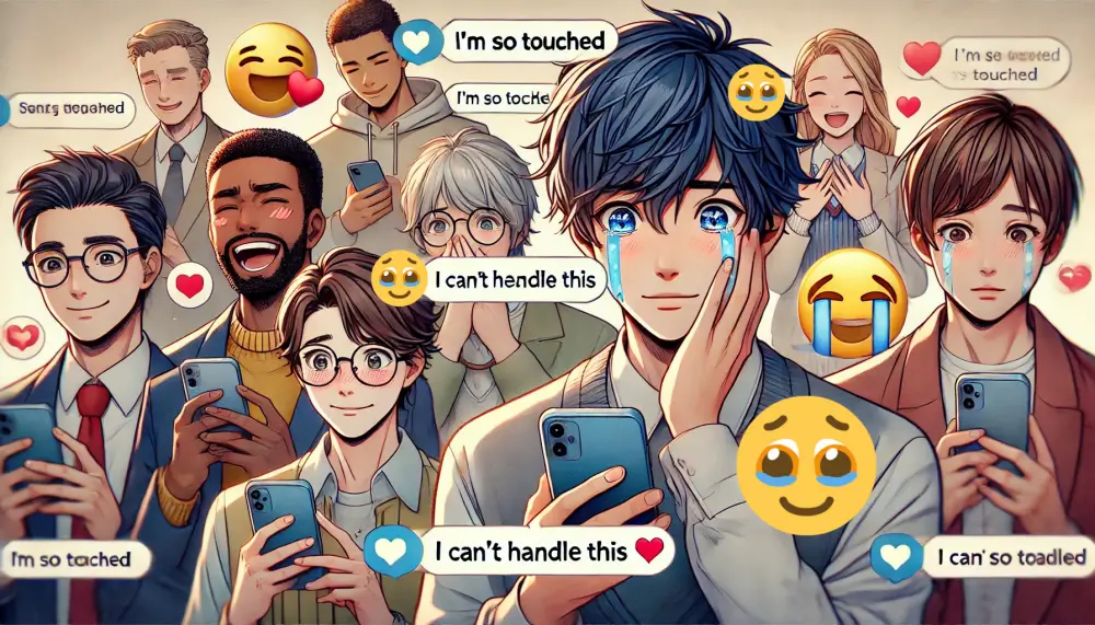 さまざまな国籍の人々がスマートフォンを見ながら感動し、涙ぐむ様子を描いたアニメ風イラスト。『I'm so touched』『I can't handle this』などの英語フレーズ付き