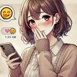 落ち着いた服装の若い女性がスマホを持ち、口に手を当てて笑う絵文字を使いながら微笑んでいる。淡い背景とレース模様が優雅で穏やかな雰囲気を演出している。