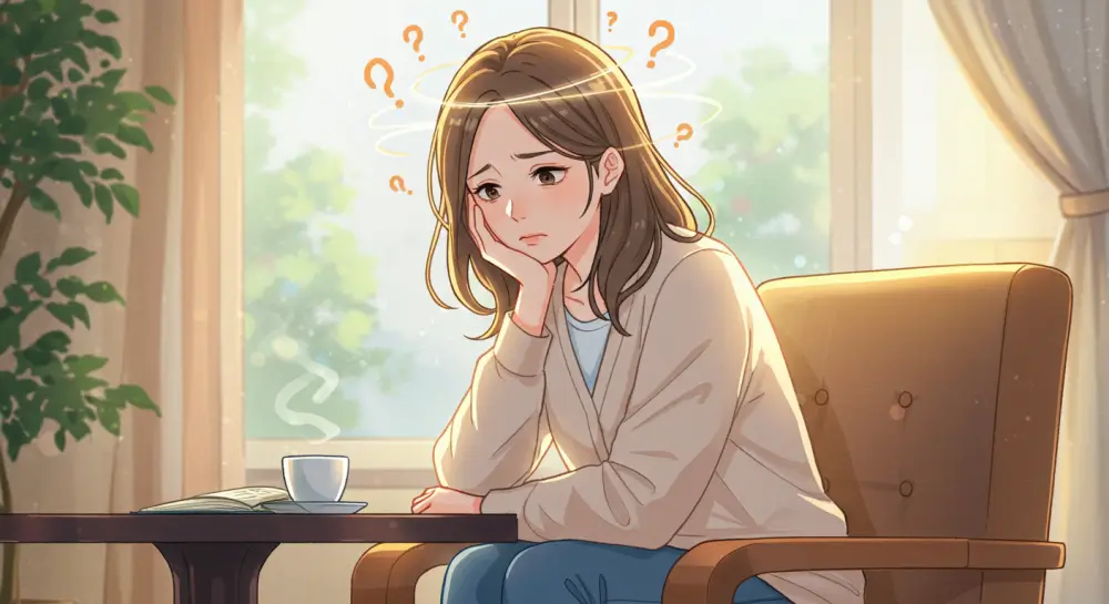 椅子に座り、頭に「？」マークが浮かぶ中で悩んでいるロングヘアの女性のイラスト。考えすぎて不安になっている様子を表現している。
