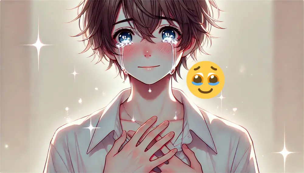 胸に手を当てて感動しながら涙を流す少年。感情が込み上げる姿を描いたイラスト。涙をこらえる顔絵文字の感情を視覚化している