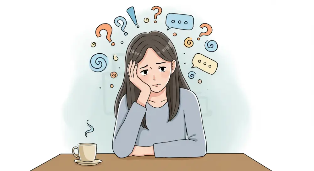 テーブルに座り、頭に疑問符や吹き出しが浮かぶ中で悩んでいるロングヘアの女性のイラスト。考えすぎて混乱している様子をコミカルに表現