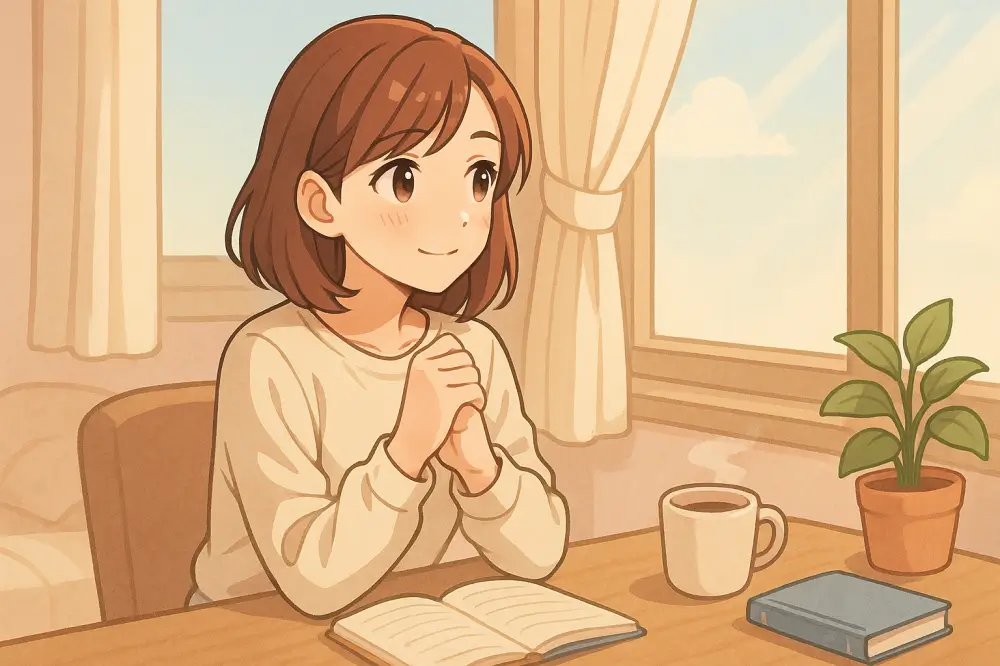 窓際で前向きに片思いから切り替えようとしている女性のイラスト。明るい自宅の部屋でノートとコーヒーを前に微笑んでいる