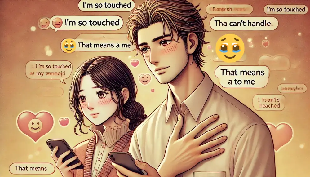 感動して胸に手を当てる男女が、スマホでメッセージをやり取りする様子を描いたアニメ風イラスト。背景には『I'm so touched』『That means a lot to me』などの英語フレーズが浮かぶ。涙をこらえる顔絵文字の感情を英語で表現するシーン