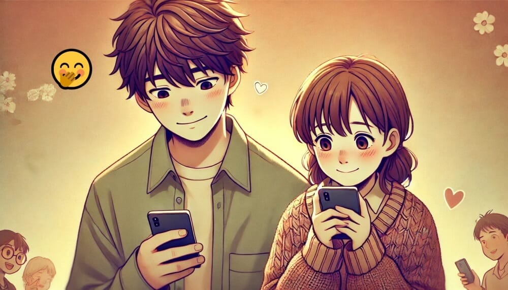 スマホを持ちながら会話をする男女のイラスト。男性は少し照れながら微笑み、女性は興味津々な表情。口に手を当てて笑う絵文字を使う男性の恋愛心理を表すイメージ。