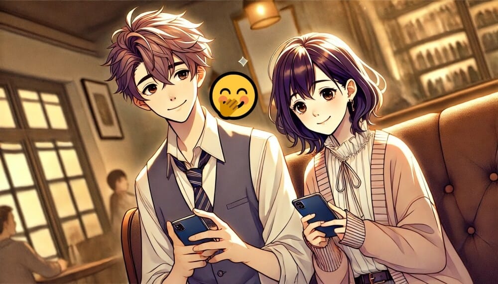 「スマホを見つめる若い男性と女性のイラスト。メッセージのやり取りに微笑みながら反応している様子。口に手を当てて笑う絵文字を使う男性のSNSでの本音を分析するイメージ