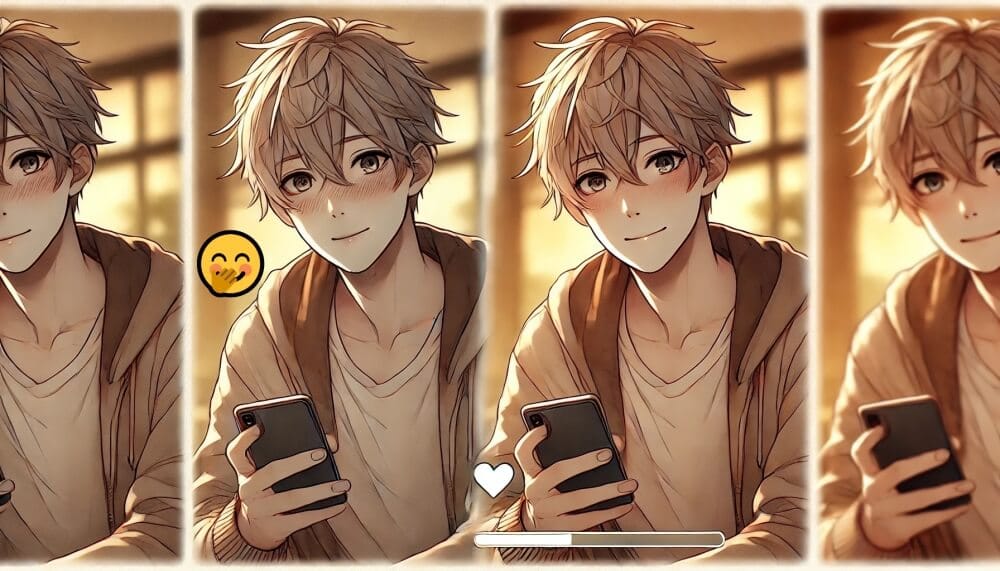 「照れた表情で口に手を当てる男性のイラスト。温かみのある背景と穏やかな雰囲気。口に手を当てて笑う絵文字を使う男性の心理を解説するイメージ