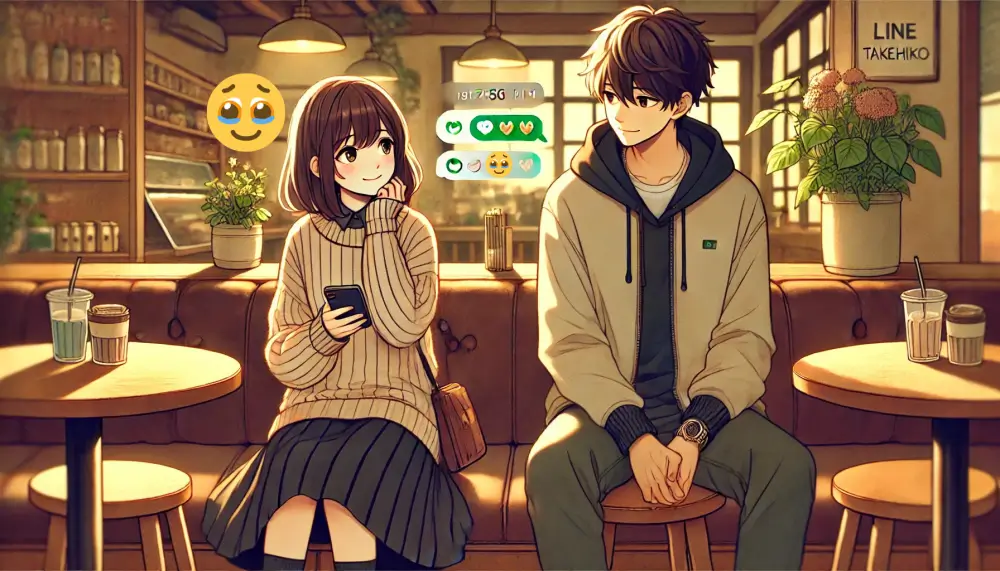 うるうる顔絵文字を使いながらスマホを操作する女の子と、それを優しく見守る男子のアニメイラスト。ふたりの間には絵文字が浮かび、感情のやりとりが視覚的に表現されている