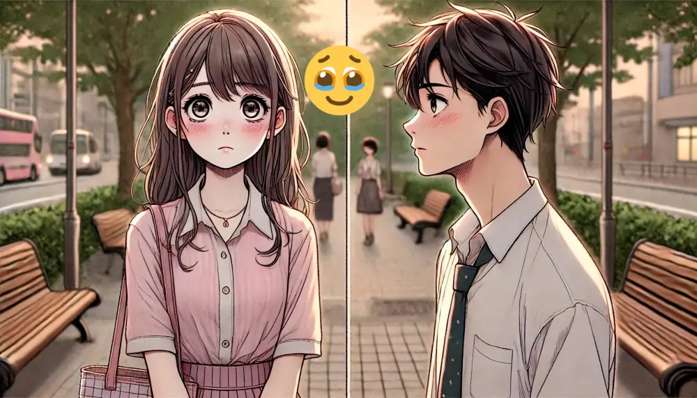 公園のベンチで向き合う女子と男子、照れた表情のふたりが見つめ合い、うるうる顔絵文字のような感情を表すアニメイラスト。恋愛のはじまりを感じさせる淡い空気感が描かれている