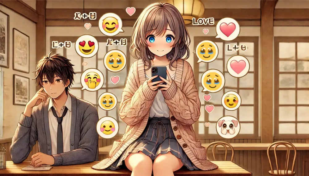 うるうる顔絵文字と相性が良い絵文字の組み合わせをスマホで見ながら微笑む女子と、やや照れた表情で見つめる男子のアニメイラスト。カフェでのほのぼのした雰囲気が描かれている