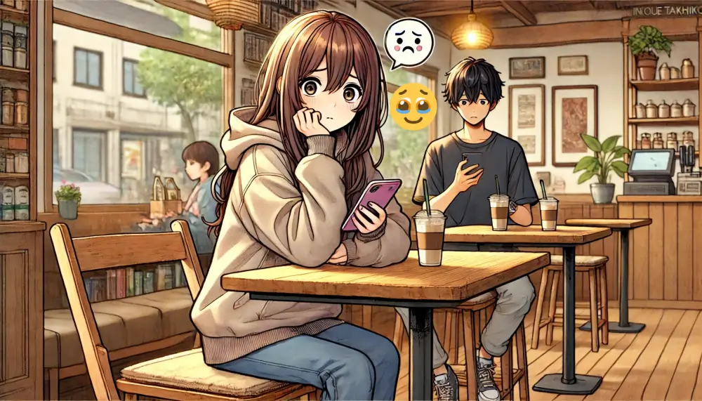 カフェの一角で、うるうる顔絵文字を多用しすぎてしまったことに戸惑う女の子と、それにやや驚いた様子でスマホを見る男の子。少し気まずい雰囲気が伝わるアニメ風イラスト