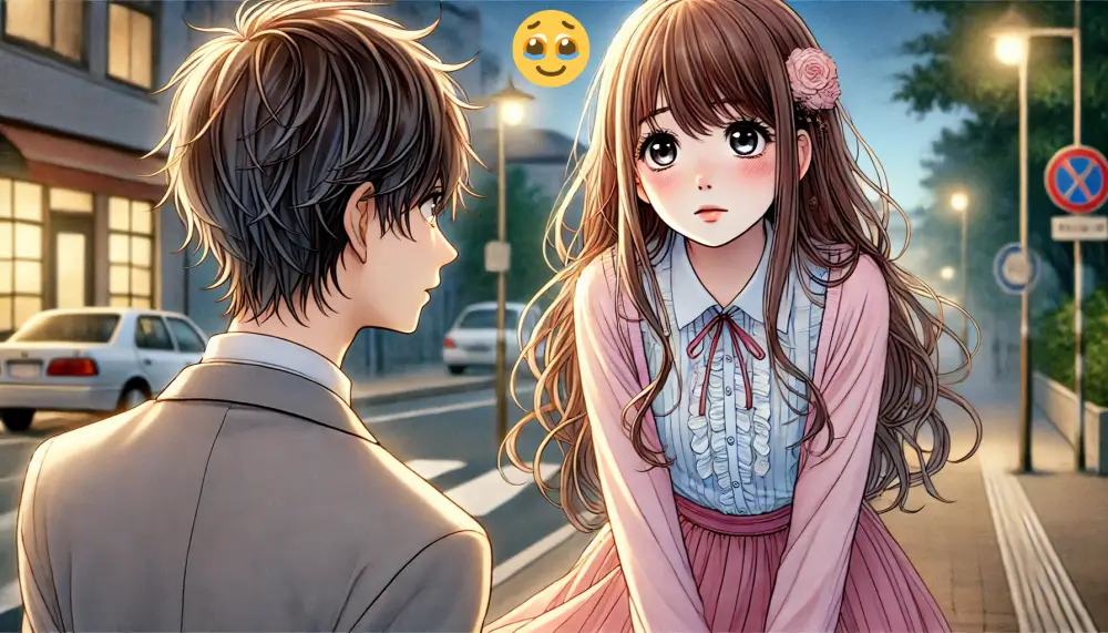夜の街角でうるうる顔絵文字のような表情を見せる女の子と、彼女をまっすぐ見つめる男の子のアニメイラスト。告白前のようなドキドキする空気感が漂っている