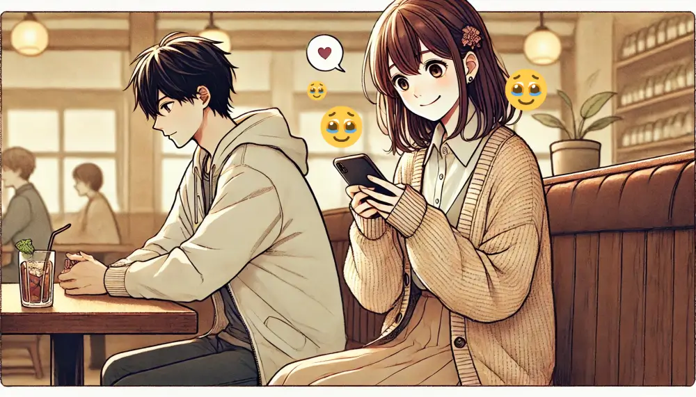 カフェのテーブル席でスマホを見せ合う男女。女の子がうるうる顔絵文字を使ったLINEメッセージを見せ、男の子は優しく微笑む。ふたりの間に恋愛感情がにじむアニメ風イラスト