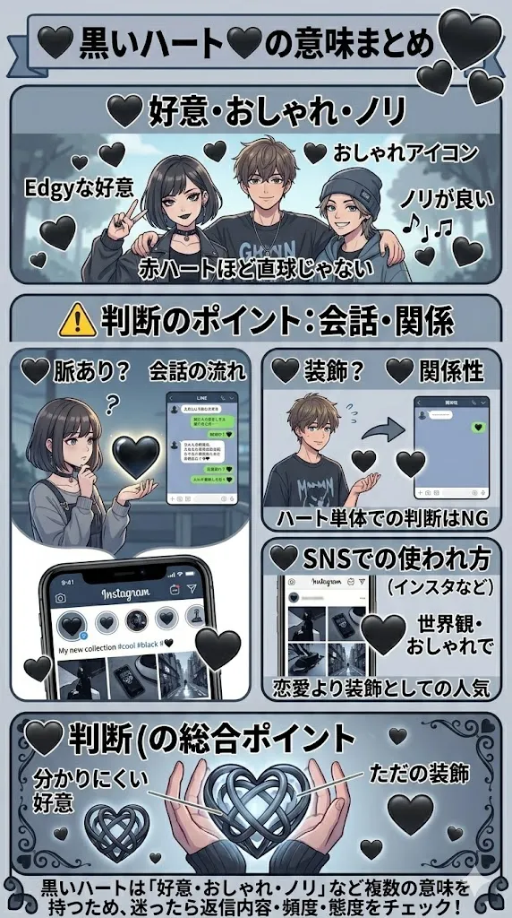 黒いハート🖤の意味をまとめた図解|恋愛心理・おしゃれ・SNSでの使い方や脈ありサインを解説
