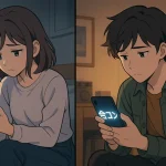 それぞれ別の部屋でスマホを見つめる男女が「合コン」と表示された画面に切なげな表情を浮かべているイラスト